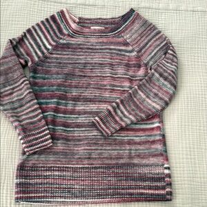 LOFT Pink and Gray Crew Neck Sweater with Striped Pattern